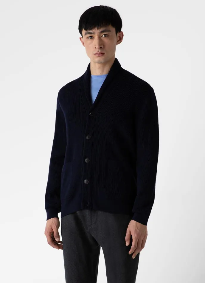 Ribbed Shawl Neck Cardigan Navy Men SUNSPEL Knitwear
