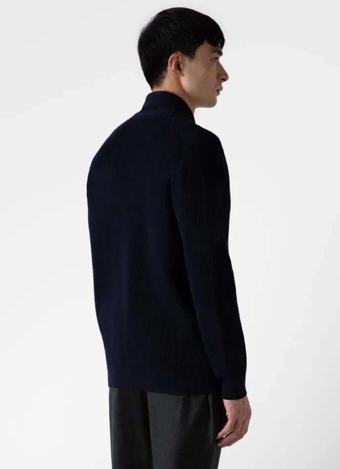Ribbed Shawl Neck Cardigan Navy Men SUNSPEL Knitwear