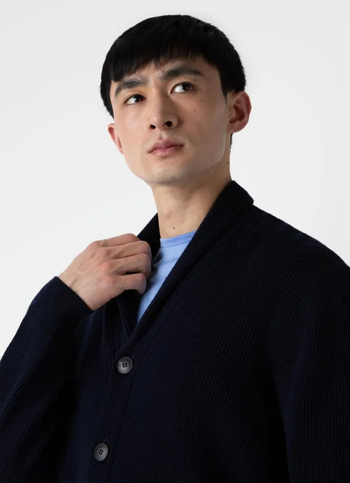 Ribbed Shawl Neck Cardigan Navy Men SUNSPEL Knitwear