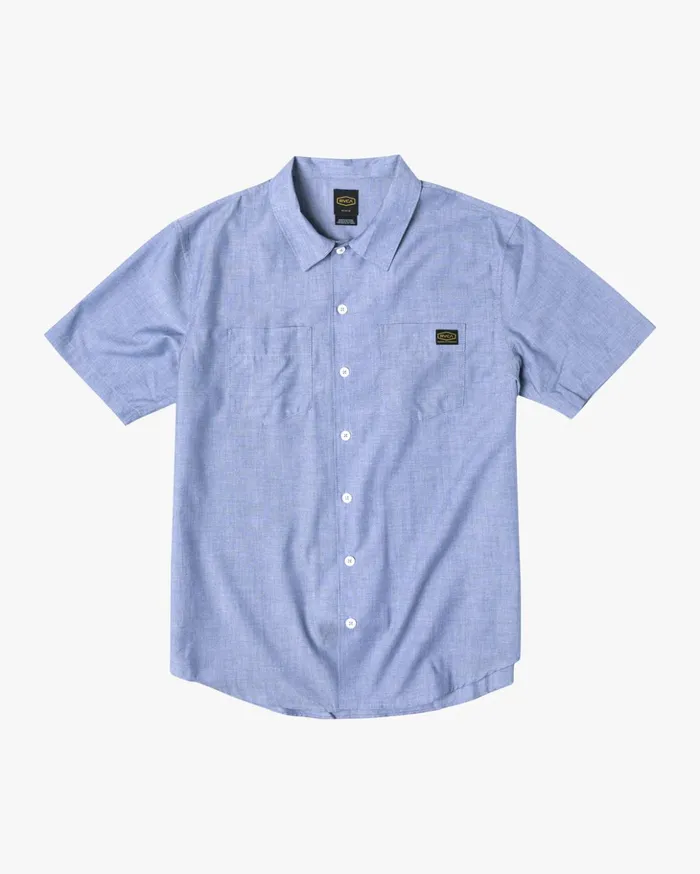 RVCA Shirts Flannels Recession Collection Day Shift Short Sleeve Shirt Blue Chambray 8211 Men