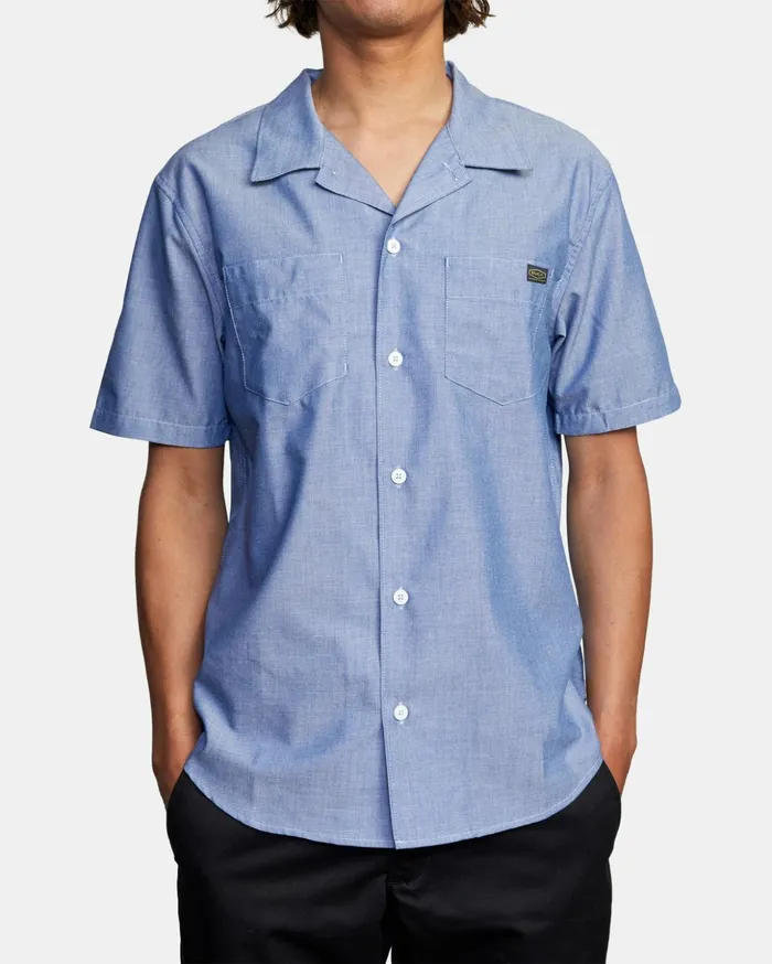 RVCA Shirts Flannels Recession Collection Day Shift Short Sleeve Shirt Blue Chambray 8211 Men