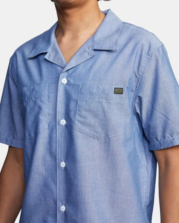 RVCA Shirts Flannels Recession Collection Day Shift Short Sleeve Shirt Blue Chambray 8211 Men