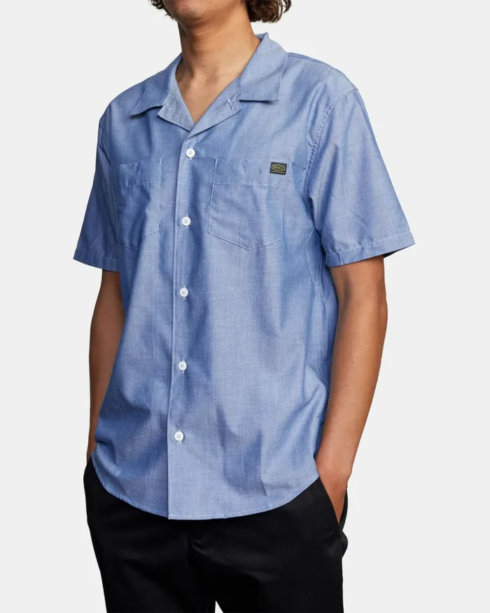 RVCA Shirts Flannels Recession Collection Day Shift Short Sleeve Shirt Blue Chambray 8211 Men