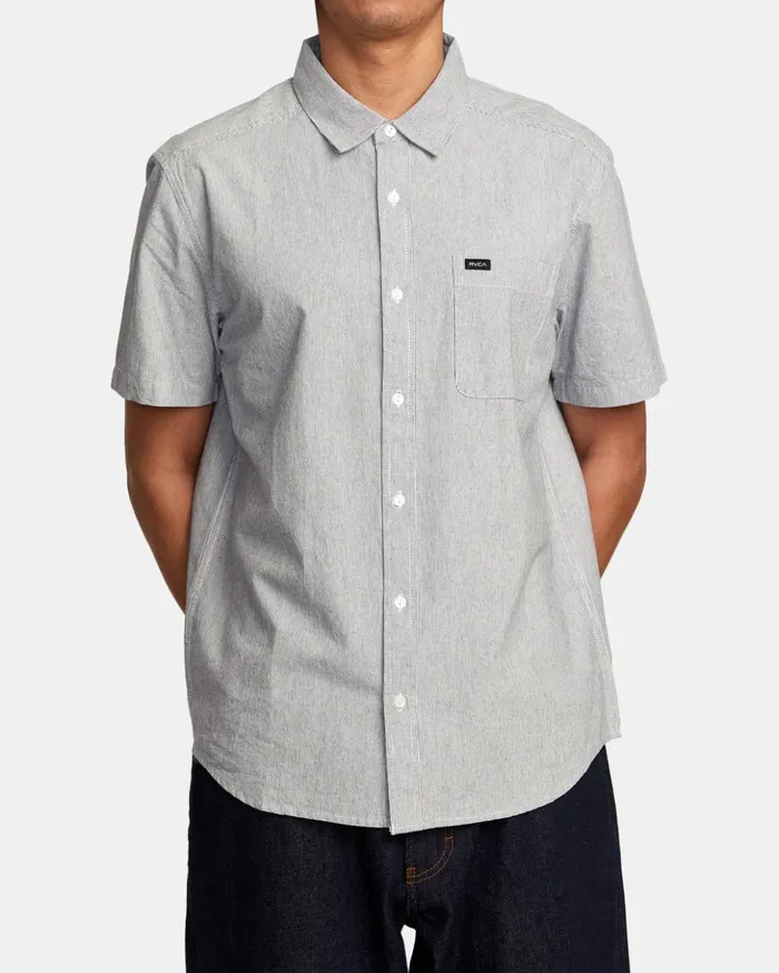 RVCA Shirts Flannels Visions Stripe Short Sleeve Shirt Moody Blue 8211 Men