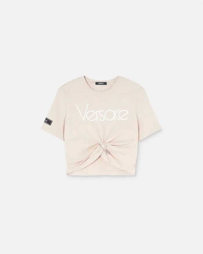 Safety Pin Crop Logo TShirt Light Pink Women Versace TShirts and Sweatshirts