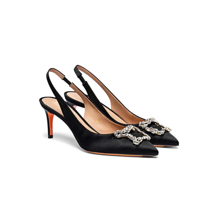 Santoni Black Satin MidHeel Sibille Pump Women Pumps and Heels
