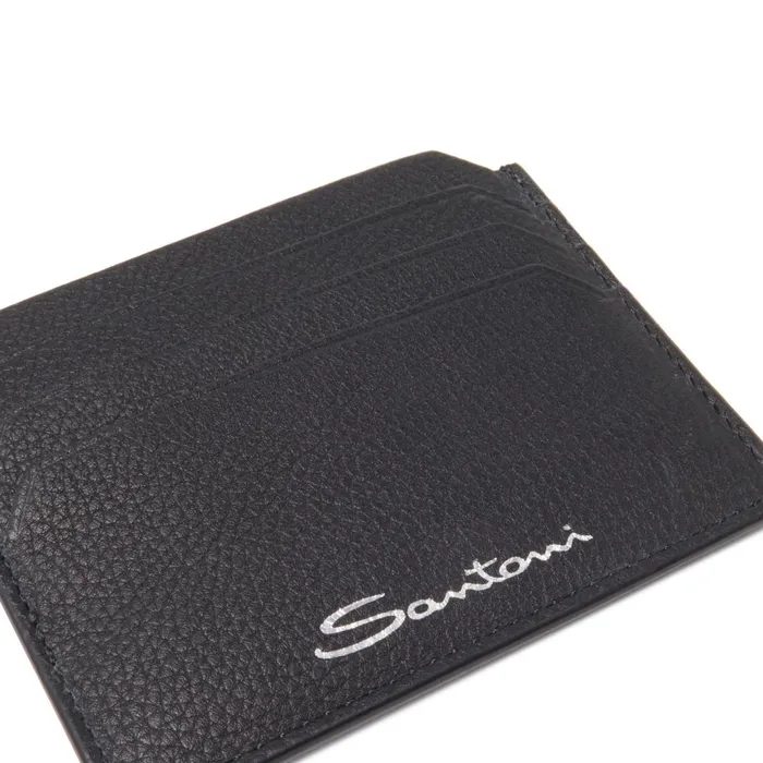Santoni Black Tumbled Leather Credit Card Holder Women Small Leather Goods