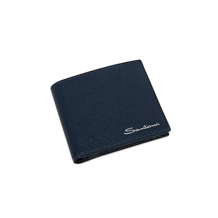 Santoni Blue Saffiano Leather Wallet With Coin Pocket MenWomen Small Leather Goods