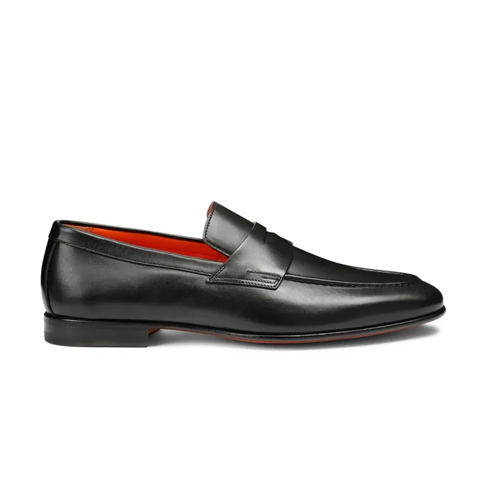 Santoni Polished Black Leather Penny Loafer Men Loafers