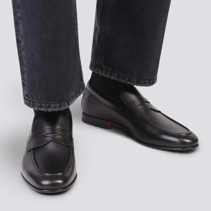 Santoni Polished Black Leather Penny Loafer Men Loafers