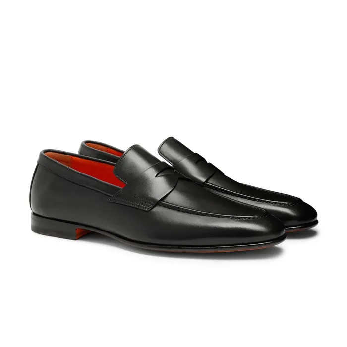 Santoni Polished Black Leather Penny Loafer Men Loafers
