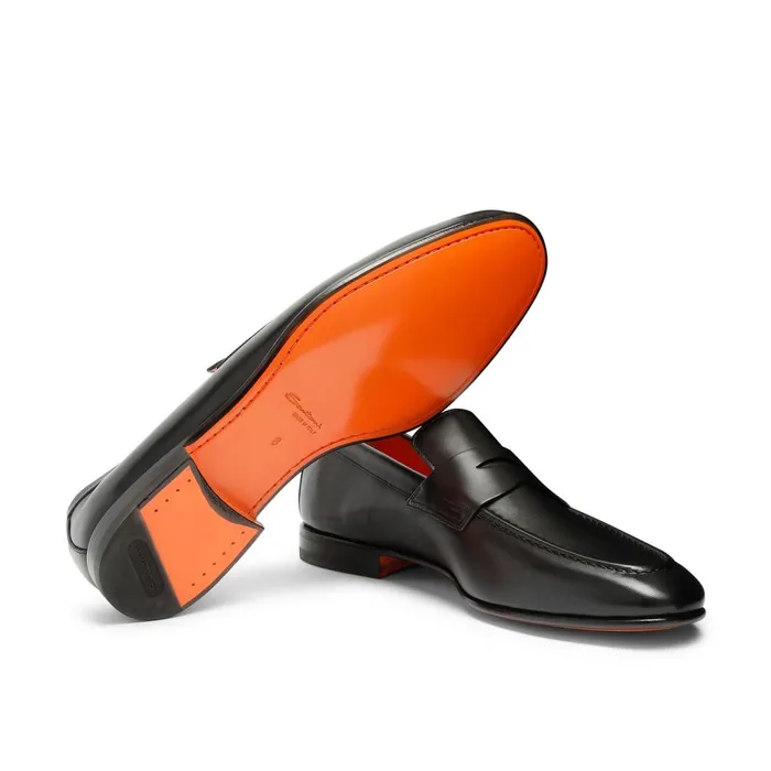 Santoni Polished Black Leather Penny Loafer Men Loafers