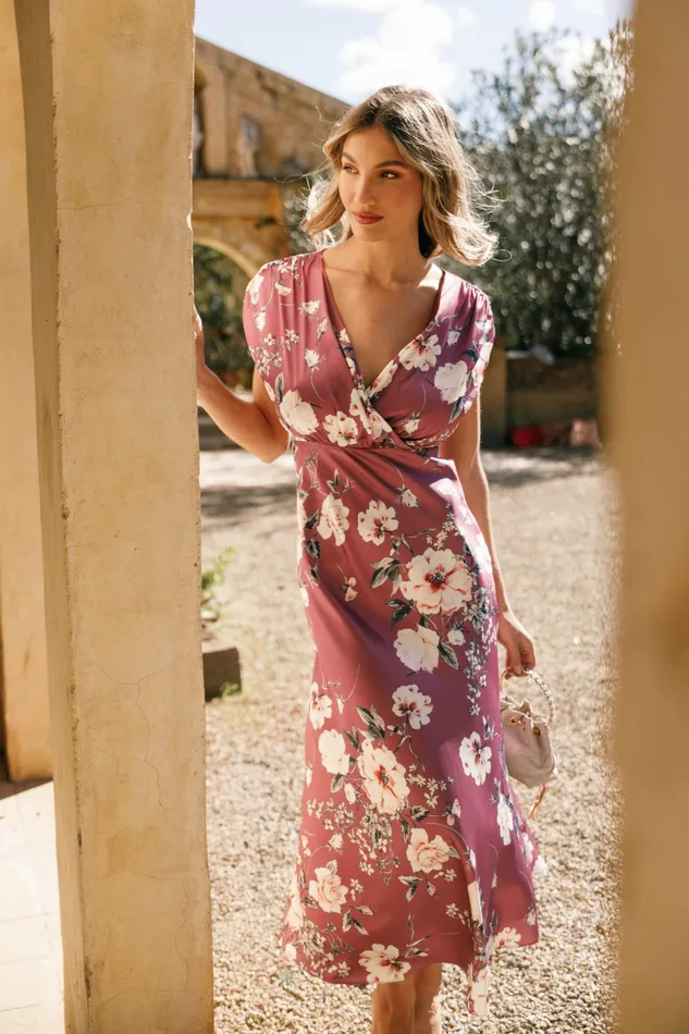 Satin Dresses Women Amarlee Maxi Dress Dark Rose Floral Petal and Pup