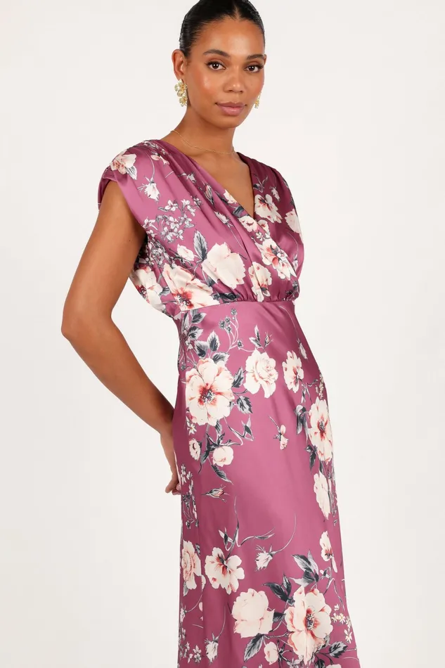 Satin Dresses Women Amarlee Maxi Dress Dark Rose Floral Petal and Pup