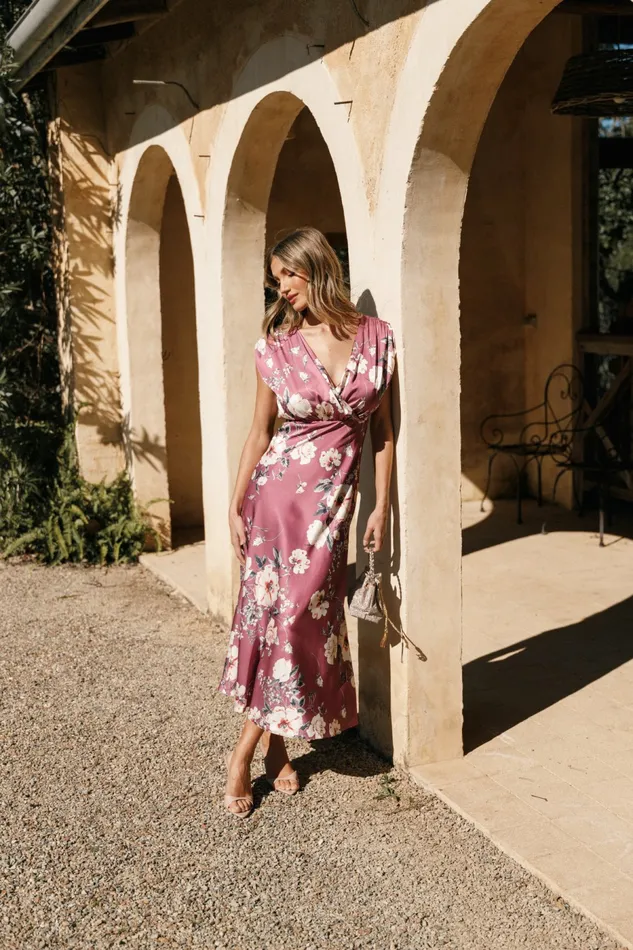 Satin Dresses Women Amarlee Maxi Dress Dark Rose Floral Petal and Pup
