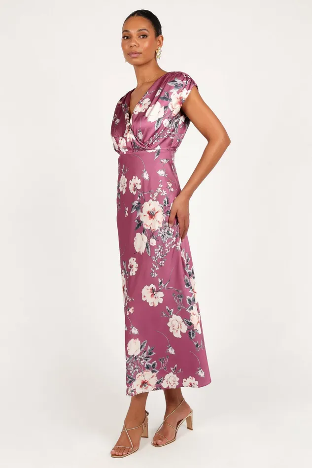 Satin Dresses Women Amarlee Maxi Dress Dark Rose Floral Petal and Pup