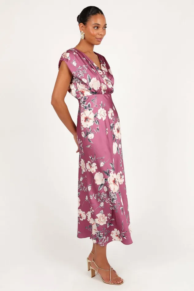 Satin Dresses Women Amarlee Maxi Dress Dark Rose Floral Petal and Pup