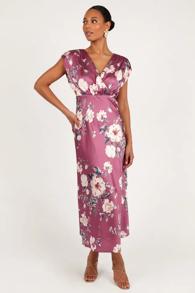 Satin Dresses Women Amarlee Maxi Dress Dark Rose Floral Petal and Pup