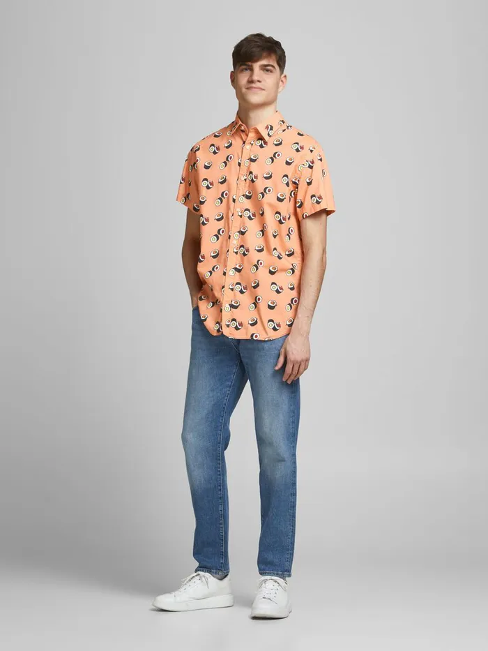 Shirts JACK and JONES Mens COMFORT FIT PRINT SHORT SLEEVED SHIRT Pastel Shell Coral Popular