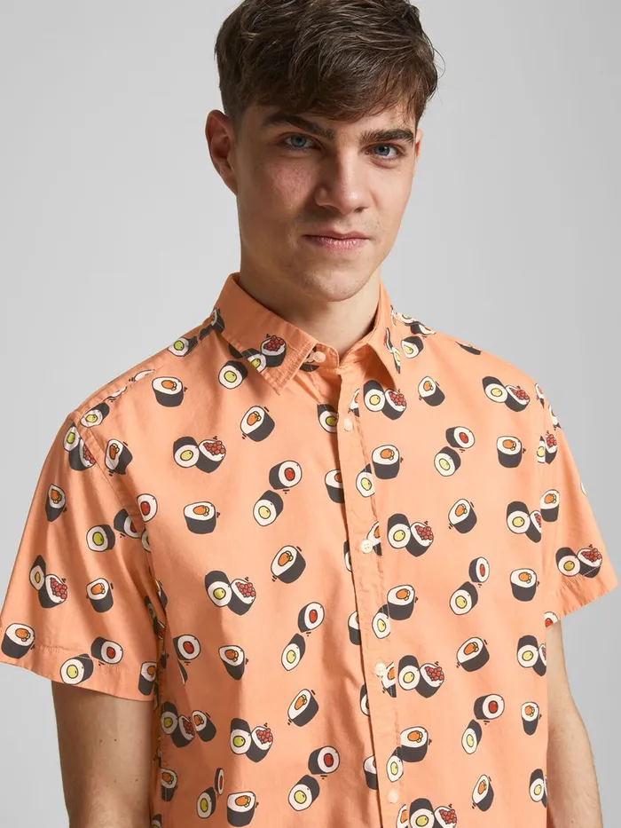 Shirts JACK and JONES Mens COMFORT FIT PRINT SHORT SLEEVED SHIRT Pastel Shell Coral Popular