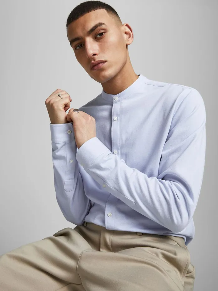 Shirts JACK and JONES Mens MANDARIN COLLAR PIQUE SHIRT Blue Cashmere Blue Gift Ideas