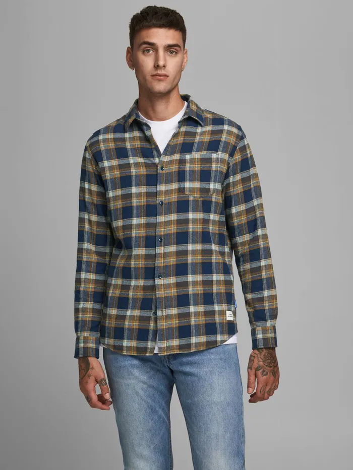 Shirts JACK and JONES Mens SLIM FIT CHECK SHIRT Blue Rubber Gift for Friend