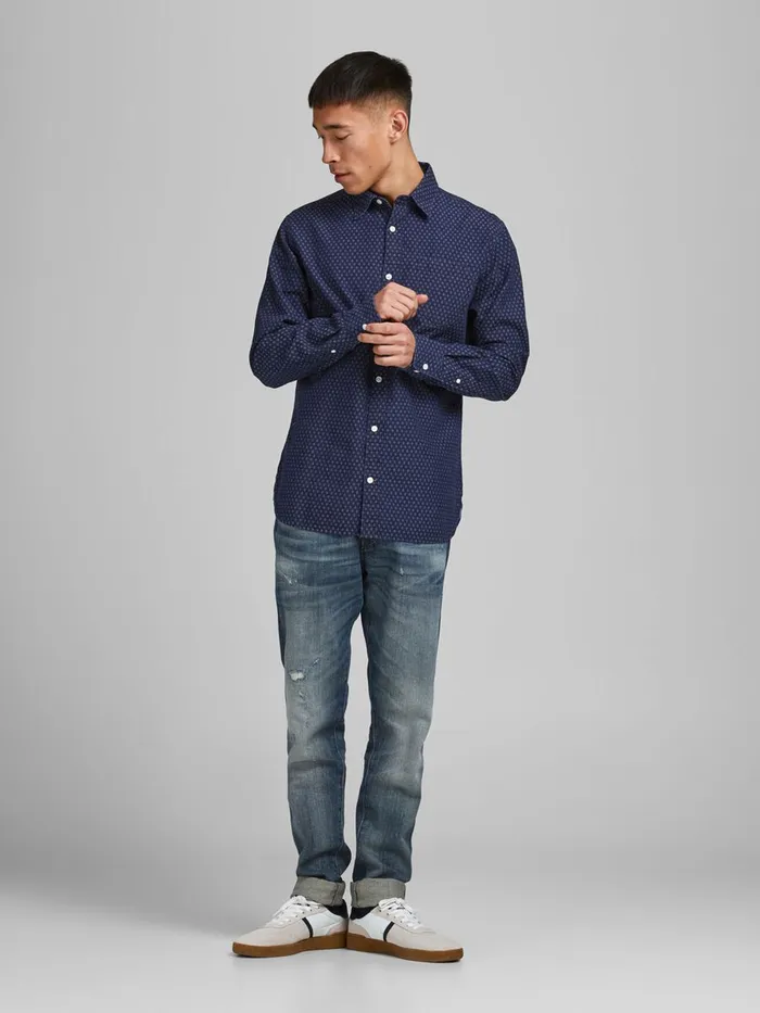 Shirts JACK and JONES Mens SLIM FIT DOBBY SHIRT Blue Medium Blue Denim Gift Ideas