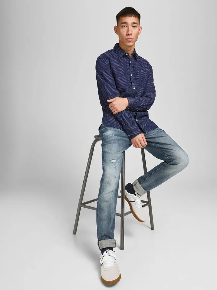 Shirts JACK and JONES Mens SLIM FIT DOBBY SHIRT Blue Medium Blue Denim Gift Ideas
