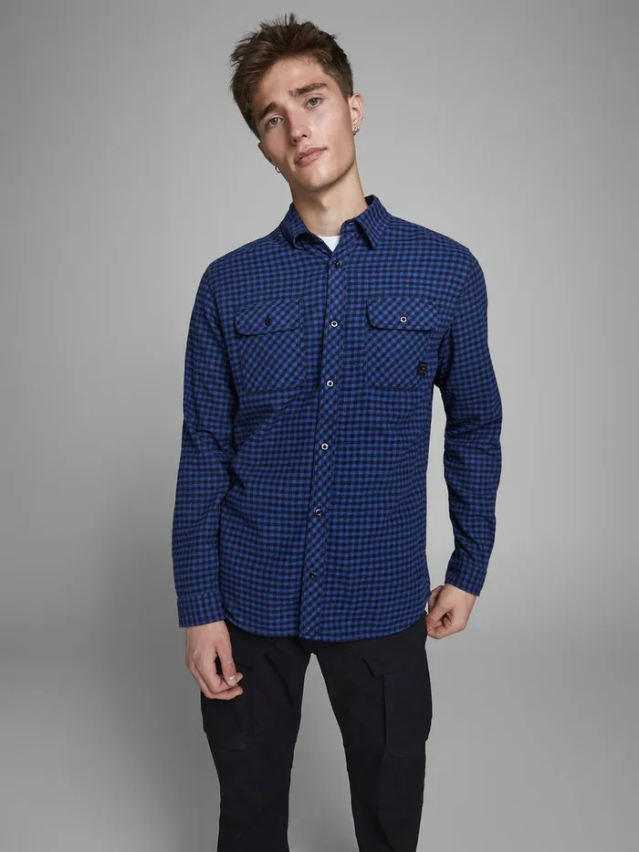 Shirts JACK and JONES Mens SLIM FIT GINGHAM CHECK SHIRT Blue Navy Blazer On Sale