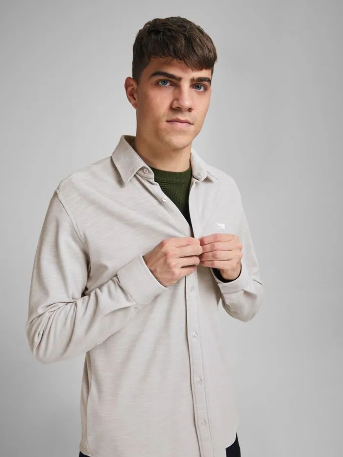 Shirts JACK and JONES Mens SLIM FIT PIQUE SHIRT Grey Light Grey Melange Casaul