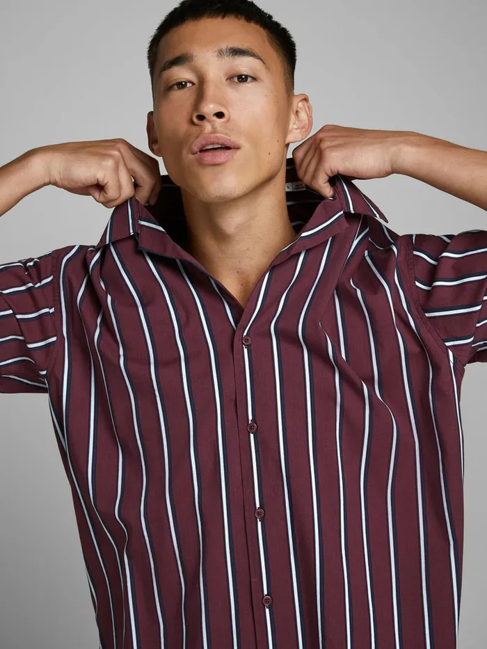 Shirts JACK and JONES Mens STRIPED SHORT SLEEVED SHIRT Purple Zinfandel On Sale