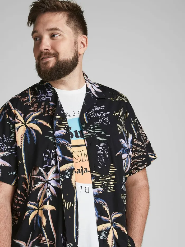Shirts JACK and JONES Mens TROPICAL RESORT PLUS SIZE SHORT SLEEVED SHIRT Black Tap Shoe Near Me