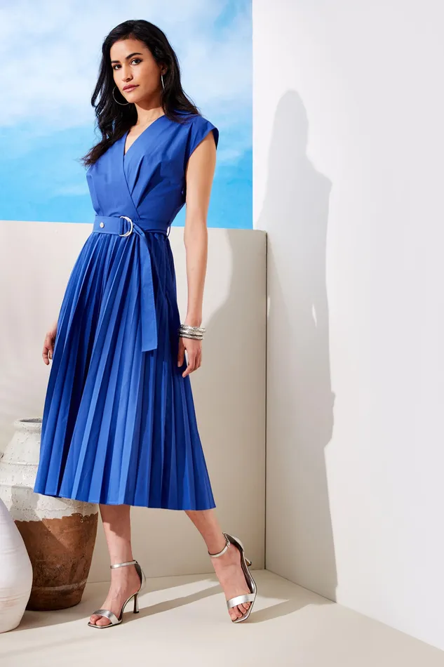Short Sleeve Dresses Women Elie Tahari Mock Wrap Pleated Shirt Dress SAILOR