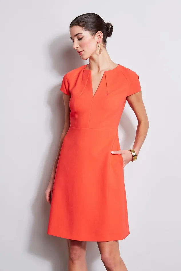 Short Sleeve Dresses Women Elie Tahari Short Sleeve Dart Fit and Flare Dress TOMATO