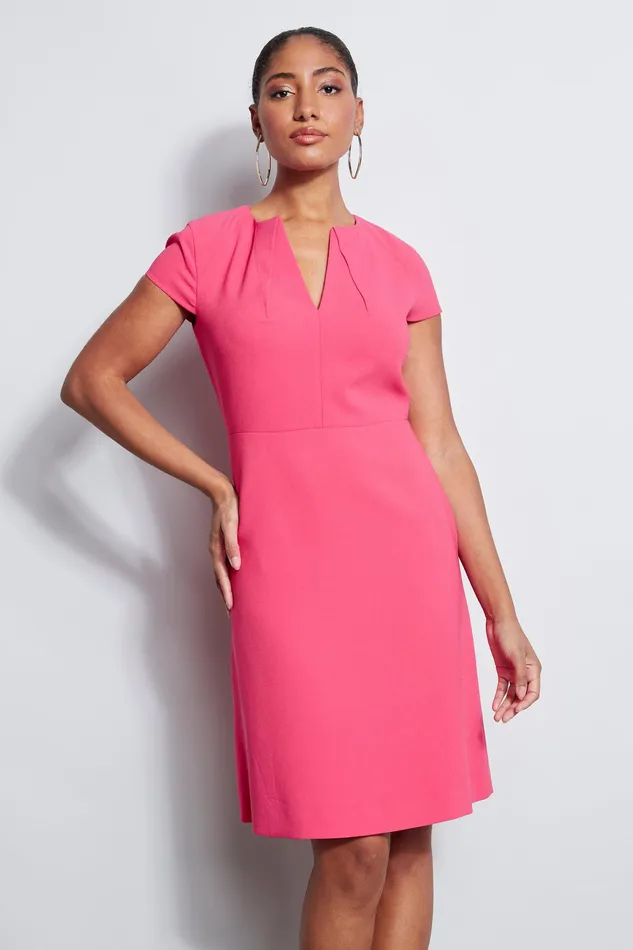 Short Sleeve Dresses Women Elie Tahari Short Sleeve Dart Fit and Flare Dress TROPIC PINK