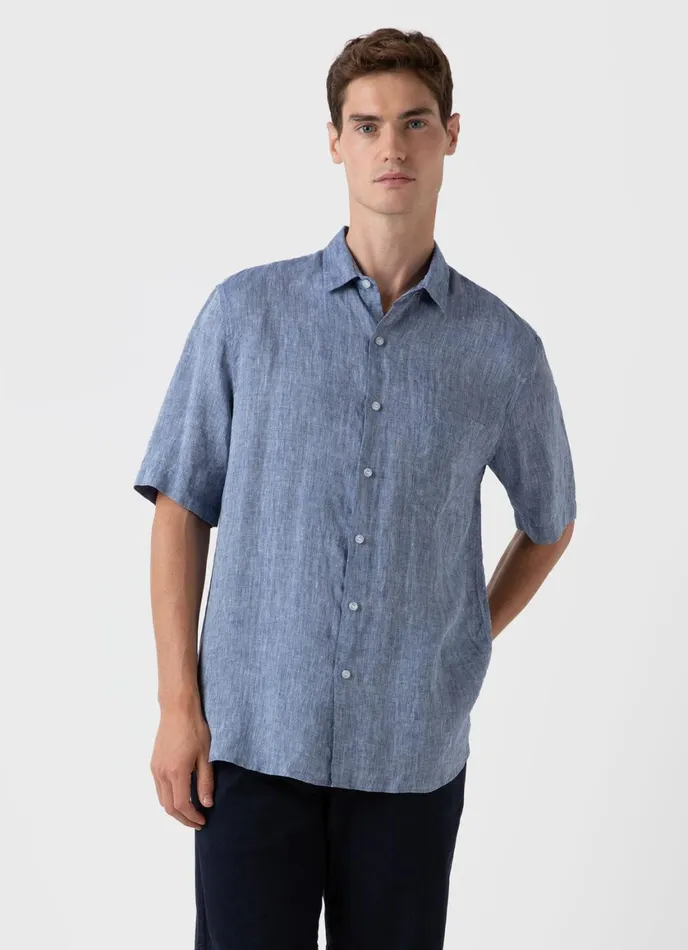Short Sleeve Linen Shirt Bluestone Melange Men SUNSPEL Shirts