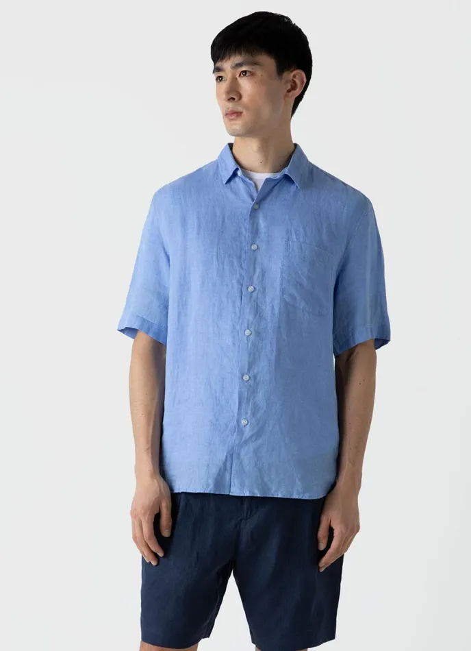 Short Sleeve Linen Shirt Cool Blue Men SUNSPEL Shirts