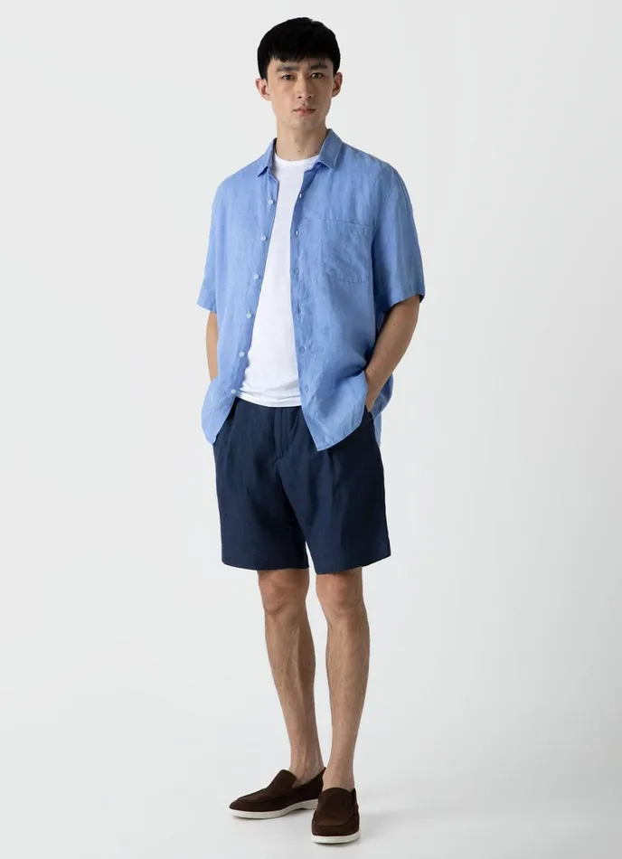Short Sleeve Linen Shirt Cool Blue Men SUNSPEL Shirts