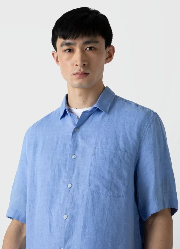 Short Sleeve Linen Shirt Cool Blue Men SUNSPEL Shirts