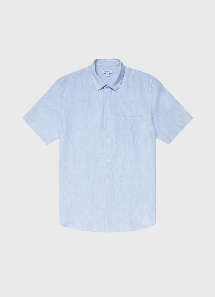 Short Sleeve Linen Shirt Cool Blue Micro Stripe Men SUNSPEL Shirts