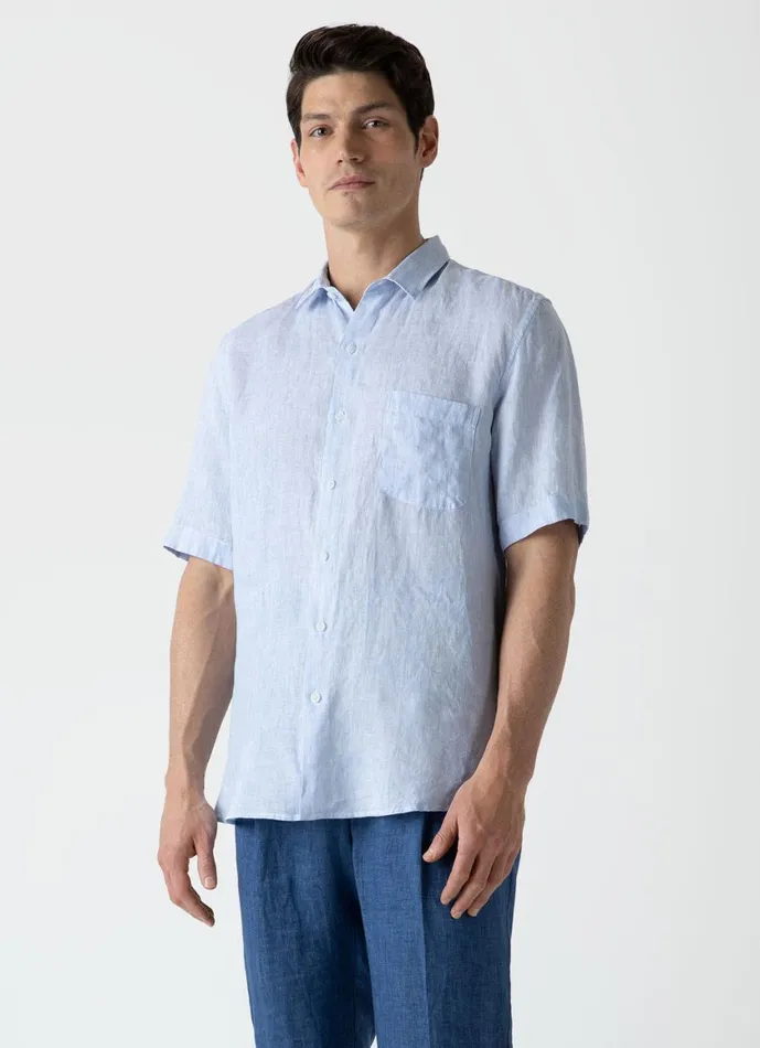 Short Sleeve Linen Shirt Cool Blue Micro Stripe Men SUNSPEL Shirts