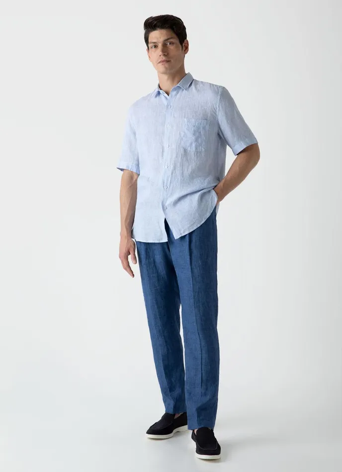 Short Sleeve Linen Shirt Cool Blue Micro Stripe Men SUNSPEL Shirts