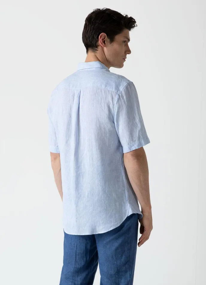 Short Sleeve Linen Shirt Cool Blue Micro Stripe Men SUNSPEL Shirts