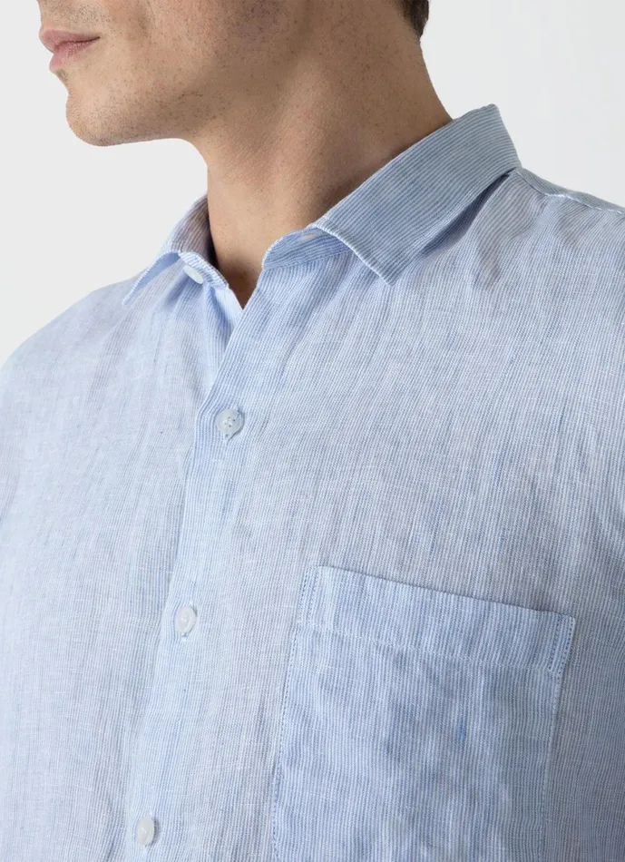 Short Sleeve Linen Shirt Cool Blue Micro Stripe Men SUNSPEL Shirts