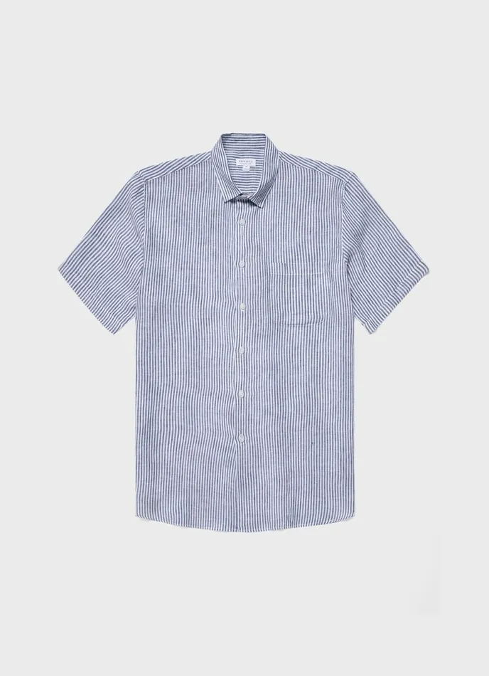 Short Sleeve Linen Shirt Navywhite Stripe Men SUNSPEL Shirts