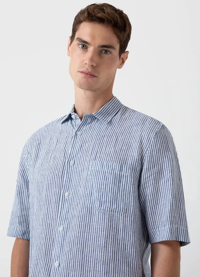 Short Sleeve Linen Shirt Navywhite Stripe Men SUNSPEL Shirts