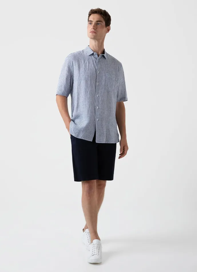 Short Sleeve Linen Shirt Navywhite Stripe Men SUNSPEL Shirts