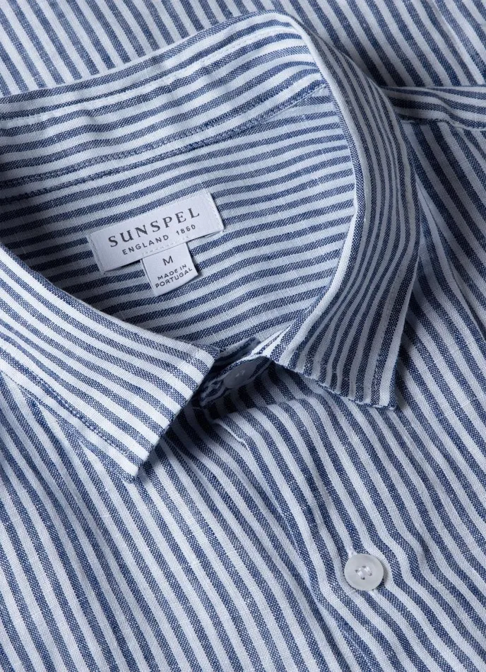 Short Sleeve Linen Shirt Navywhite Stripe Men SUNSPEL Shirts