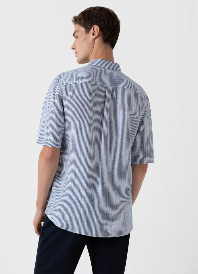 Short Sleeve Linen Shirt Navywhite Stripe Men SUNSPEL Shirts