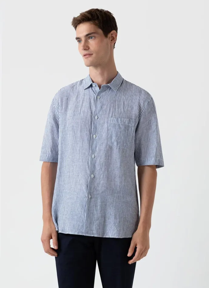 Short Sleeve Linen Shirt Navywhite Stripe Men SUNSPEL Shirts